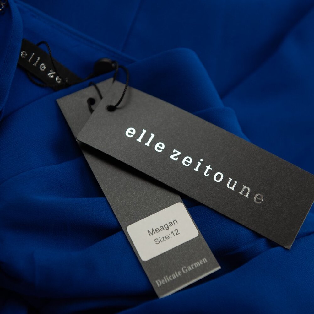Elle Zeitoune Meagan Dress Evening Mini Cocktail Draped Sleeves Blue Size 12 New - Picture 5 of 9